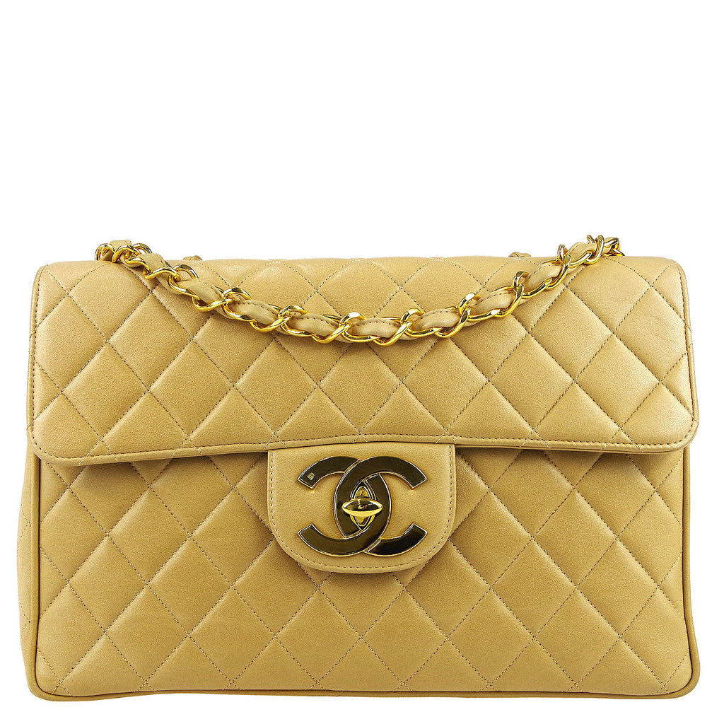 Chanel * Classic Flap Jumbo Double Chain Shoulder Bag Beige Lambskin