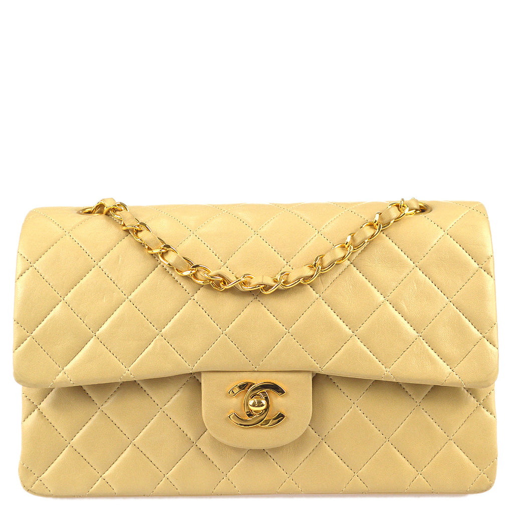 Chanel 1994-1996 Classic Double Flap Medium Shoulder Bag Beige Lambskin