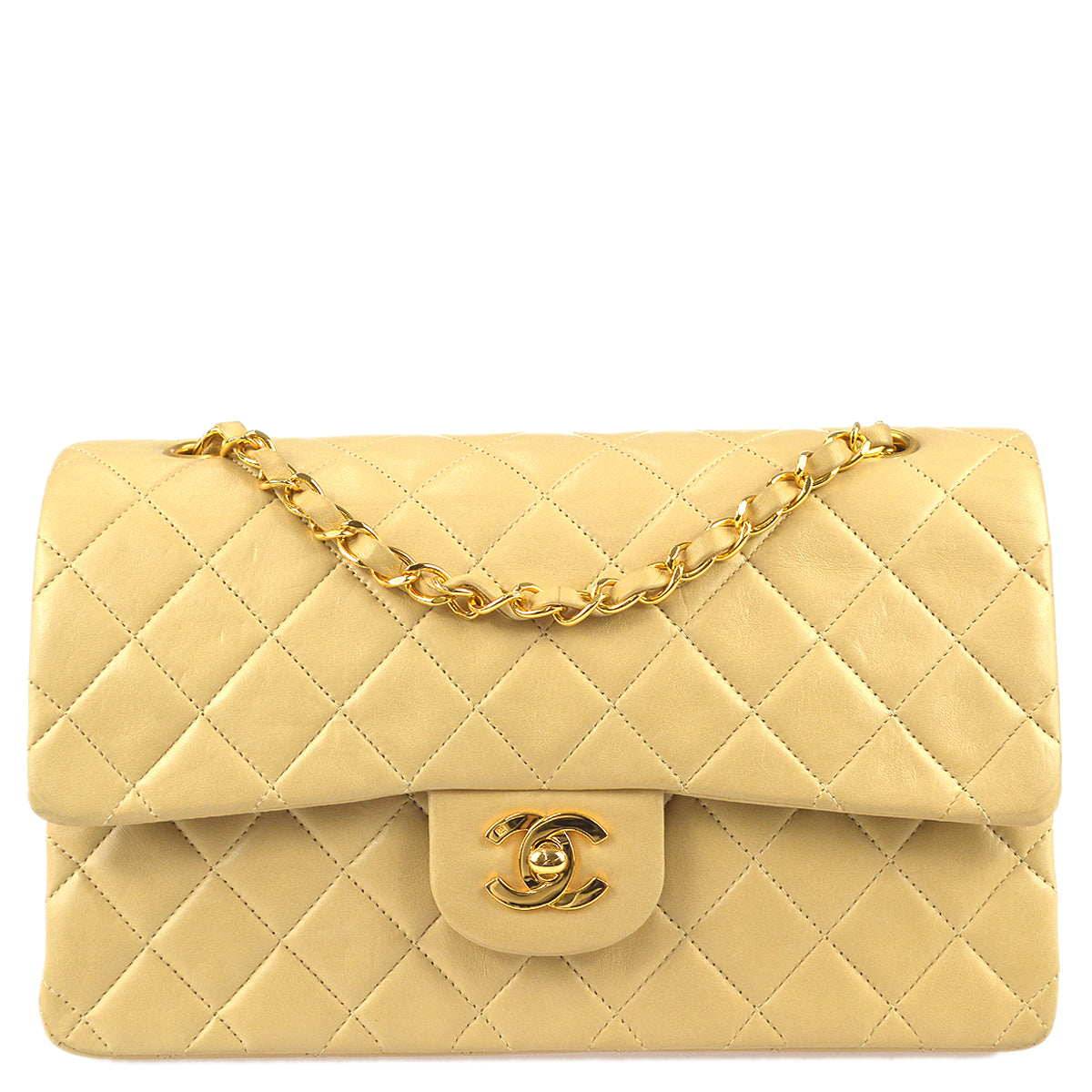 Chanel 1994-1996 Classic Double Flap Medium Shoulder Bag Beige Lambskin