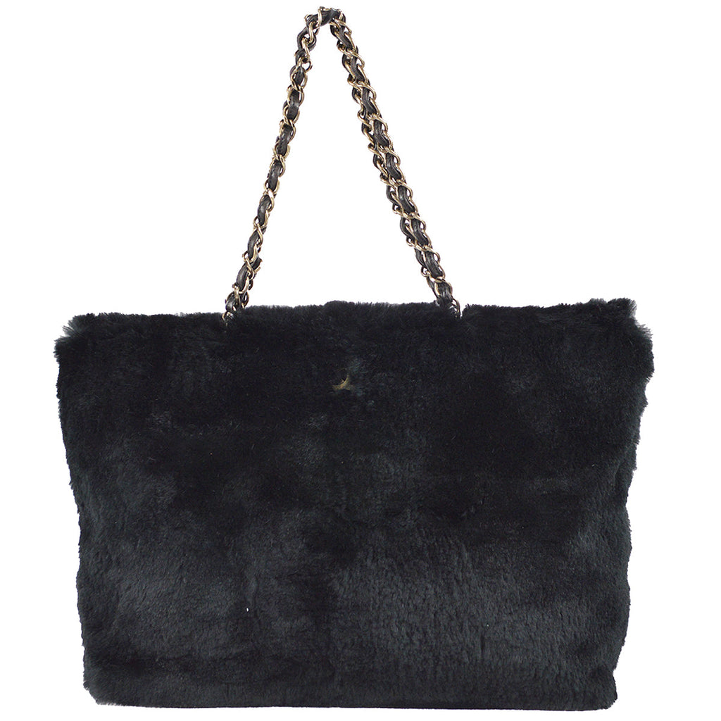 Chanel Chain Tote Handbag Black Fur