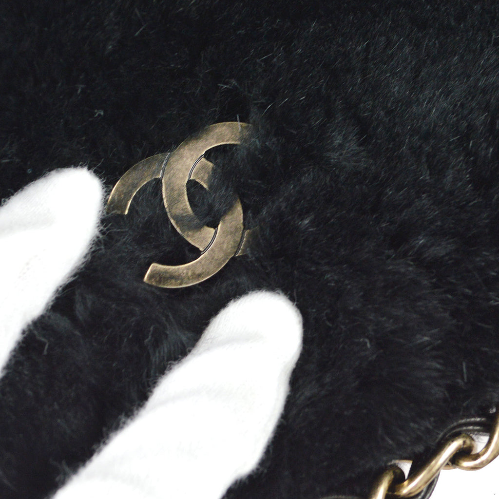 Chanel Chain Tote Handbag Black Fur