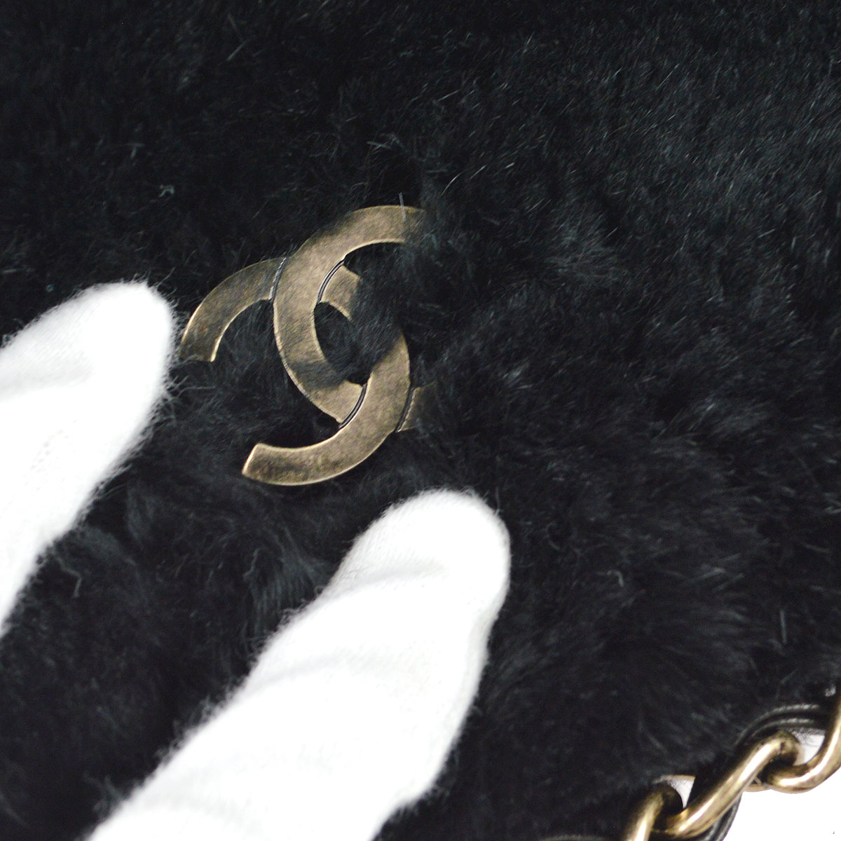 Chanel Chain Tote Handbag Black Fur