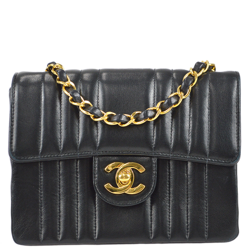 Chanel 1991-1994 Black Lambskin Mini Vertical Stitch Square Flap Bag 17