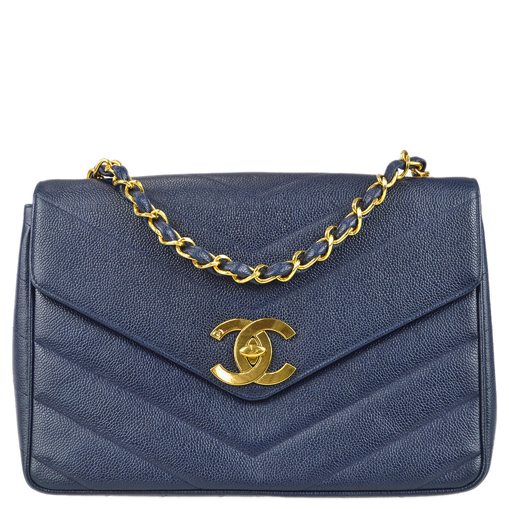 Chanel 1994-1996 Navy Caviar Jumbo Chevron Letter Flap Bag