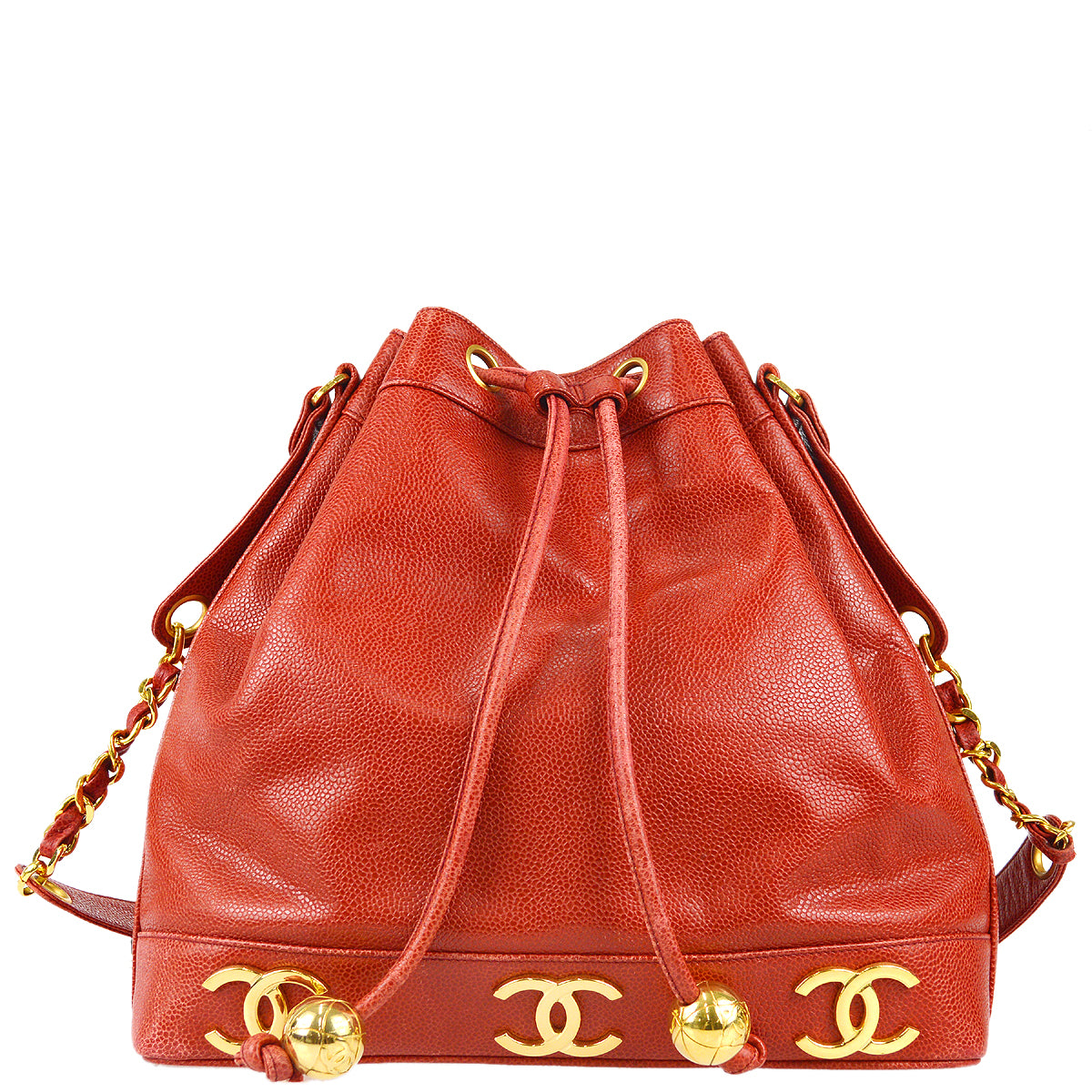 Chanel Triple CC Drawstring Chain Shoulder Bag Red Caviar