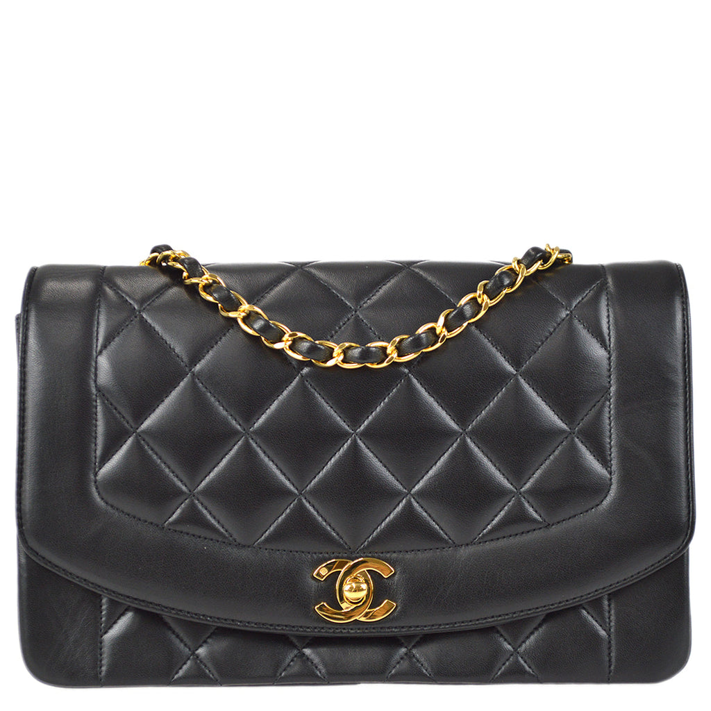 Chanel 1991-1994 Small Diana Chain Shoulder Bag Black Lambskin