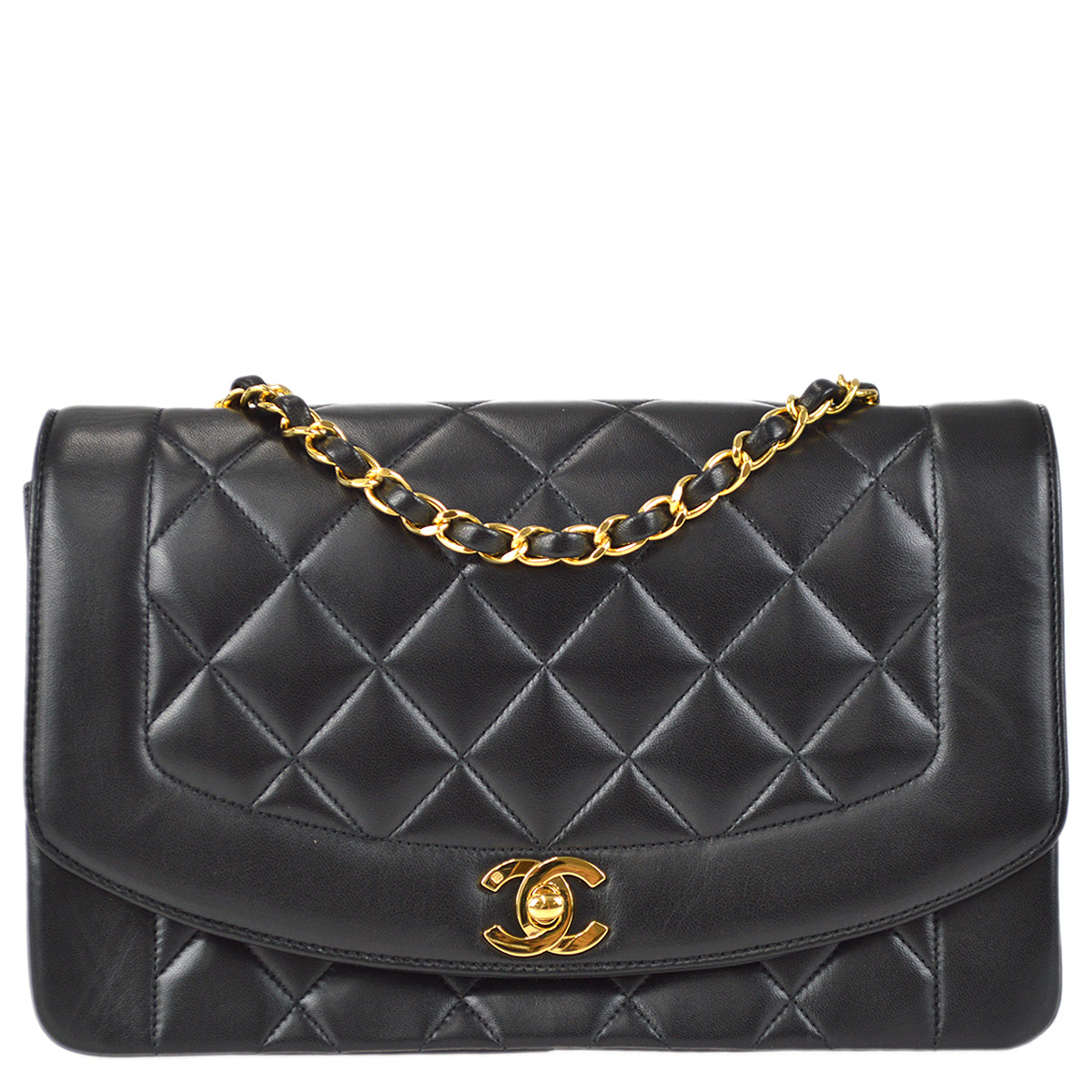 Chanel 1991-1994 Small Diana Chain Shoulder Bag Black Lambskin