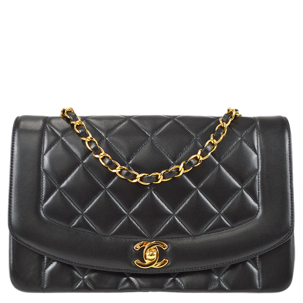 Chanel 1991-1994 Black Lambskin Medium Diana Flap Bag