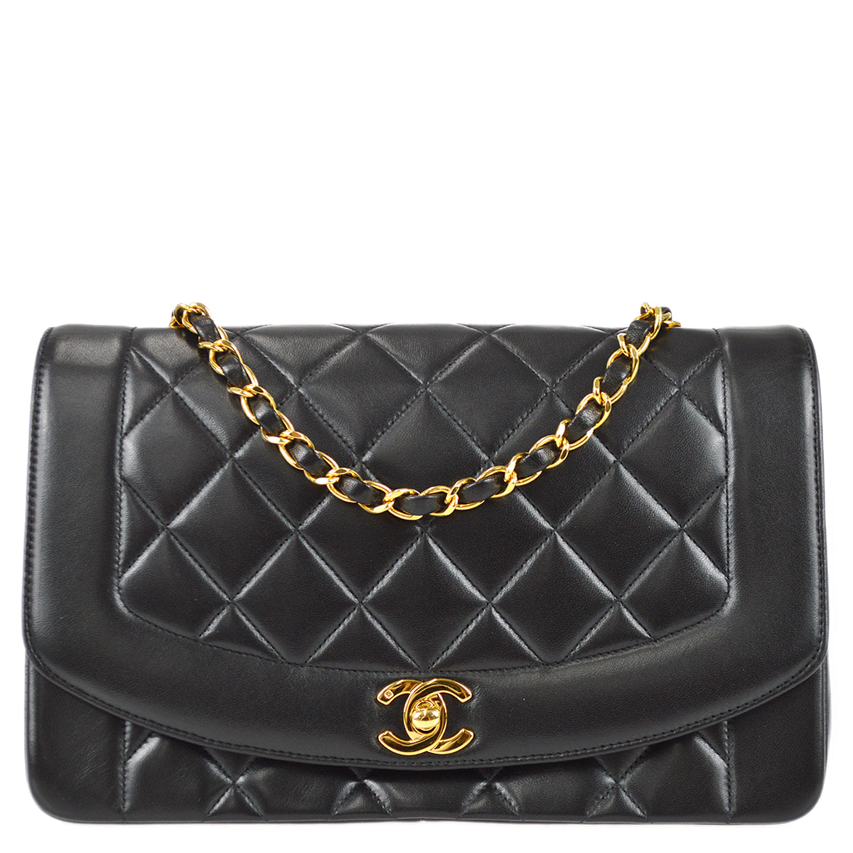 Chanel 1991-1994 Black Lambskin Medium Diana Flap Bag
