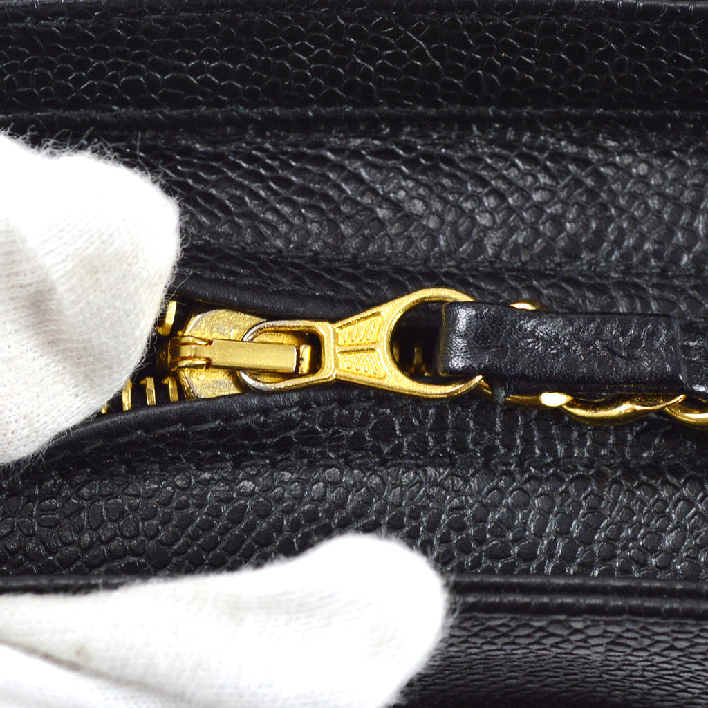 Chanel Triple CC Chain Shoulder Tote Bag Black Caviar