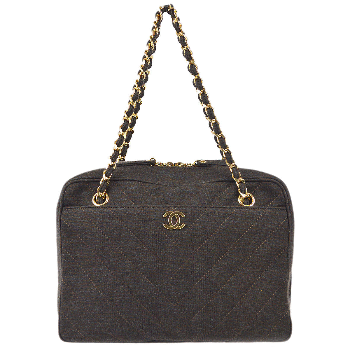 Chanel V Stitch Chain Handbag Dark Brown Cotton