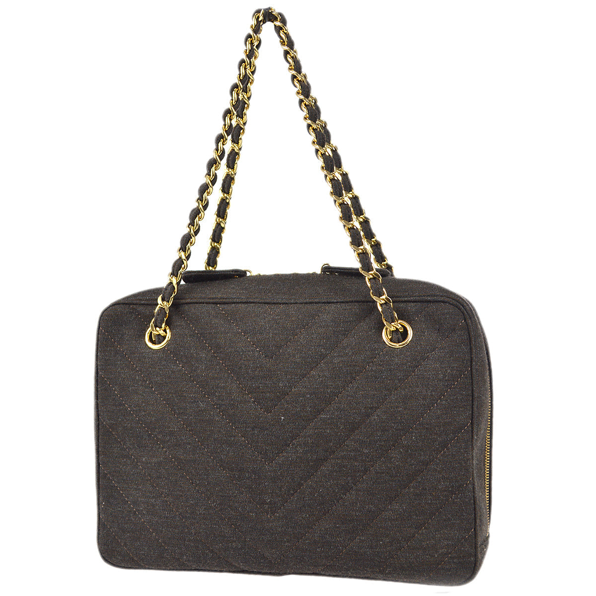 Chanel V Stitch Chain Handbag Dark Brown Cotton