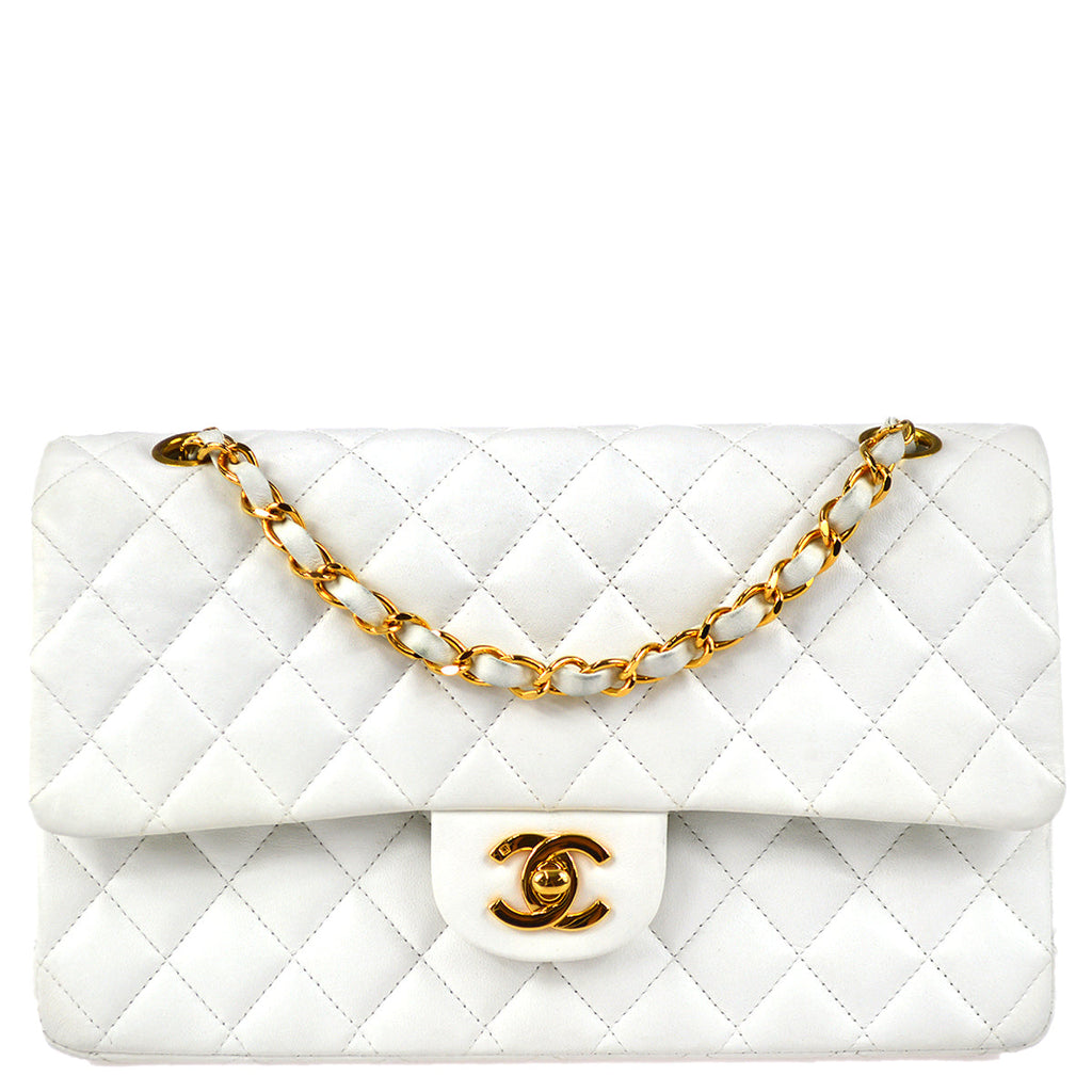 Chanel 1997-1999 Classic Double Flap Medium Shoulder Bag White Lambskin