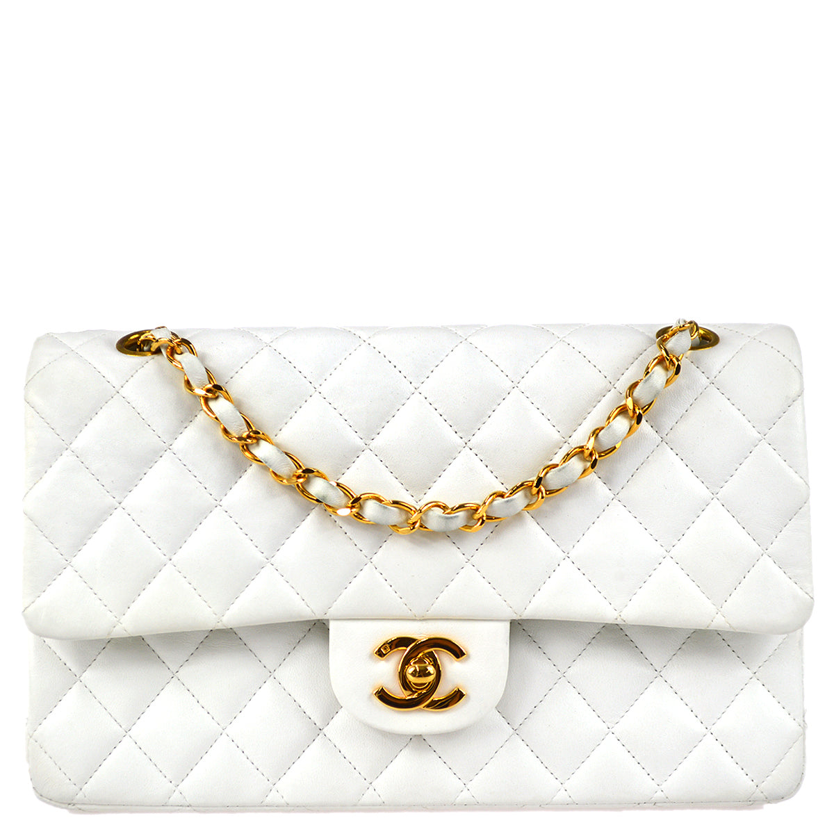 Chanel 1997-1999 Classic Double Flap Medium Shoulder Bag White Lambskin
