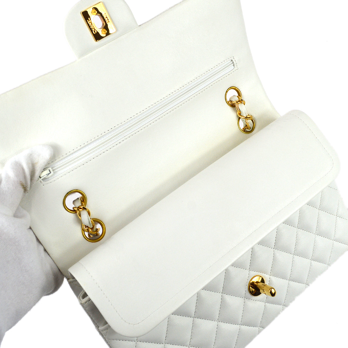 Chanel 1997-1999 Classic Double Flap Medium Shoulder Bag White Lambskin