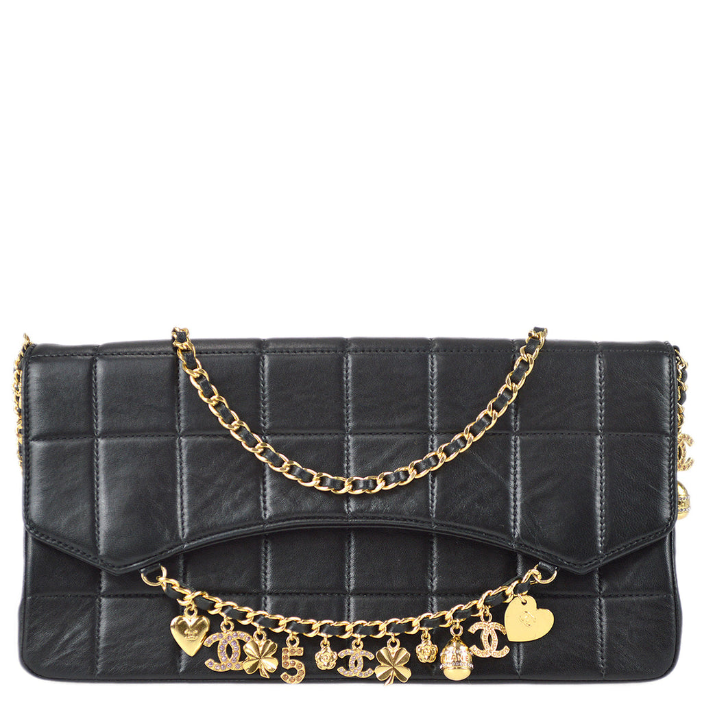 Chanel Choco Bar Icon Rhinestone Chain Shoulder Bag Black Lambskin