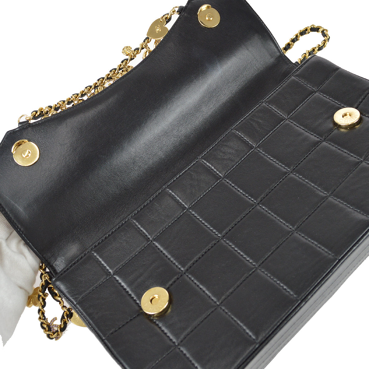 Chanel Choco Bar Icon Rhinestone Chain Shoulder Bag Black Lambskin