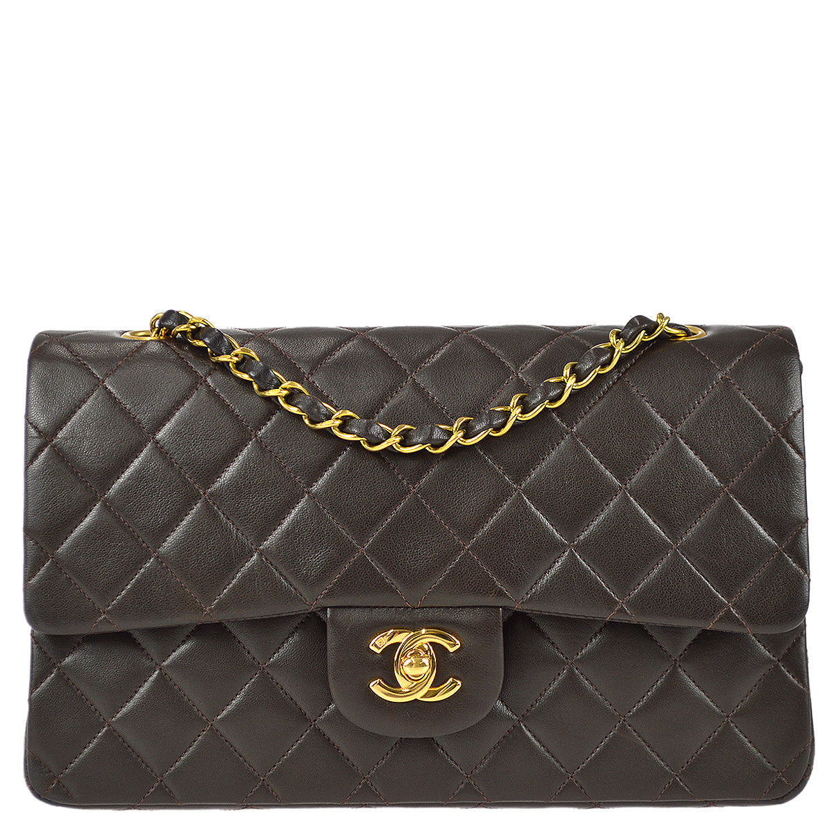 Chanel 1994-1996 Classic Double Flap Medium Shoulder Bag Brown Lambskin