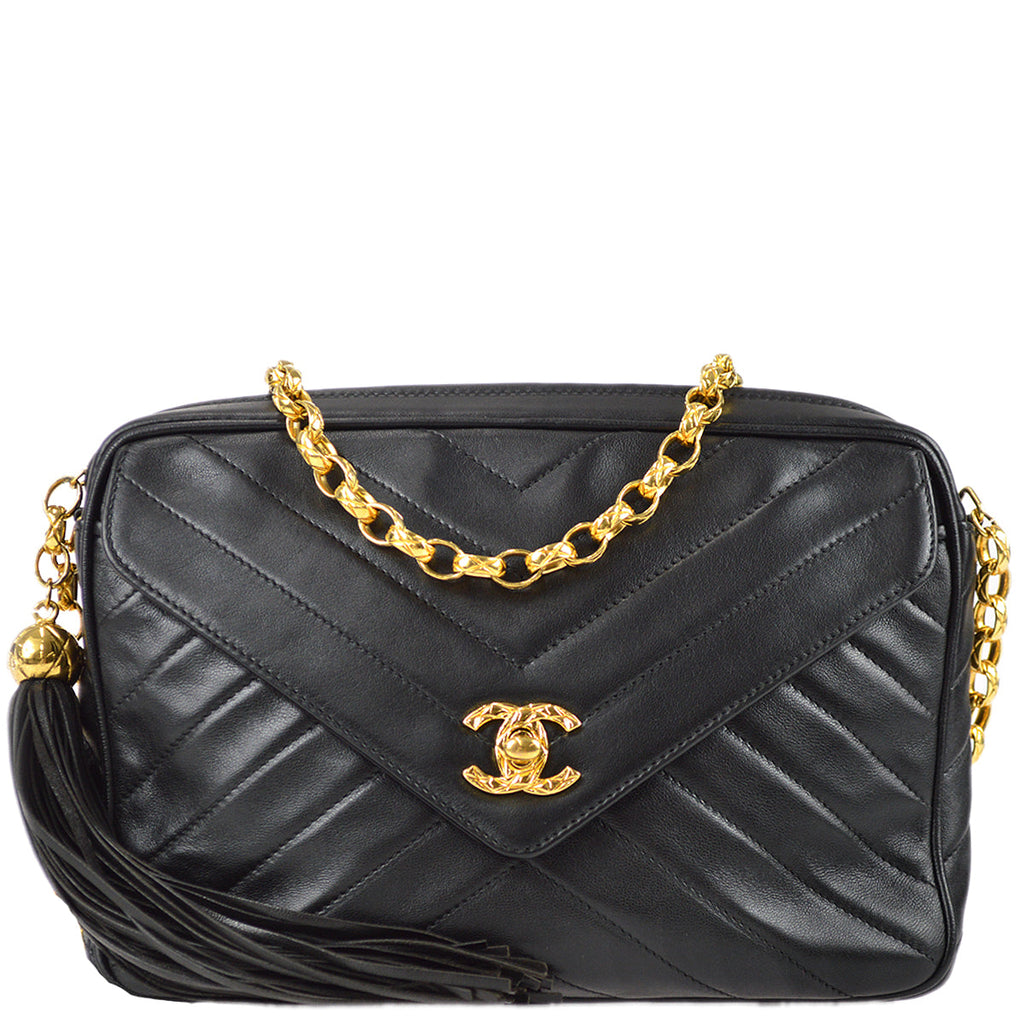 Chanel 1991-1994 Chevron Pocket Camera Bag Small Black Lambskin