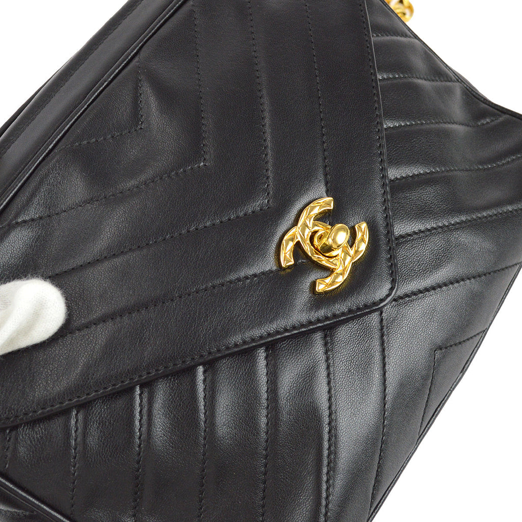 Chanel 1991-1994 Chevron Pocket Camera Bag Small Black Lambskin