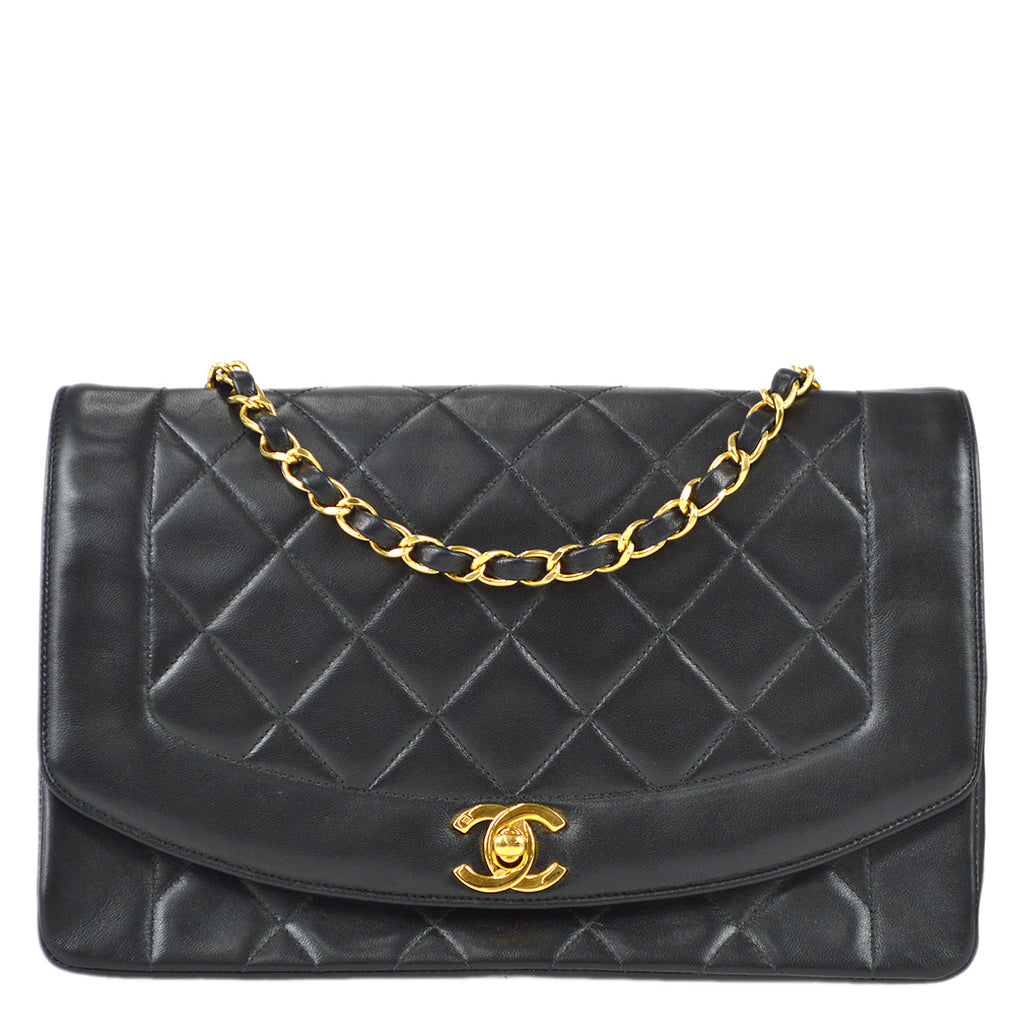 Chanel 1991-1994 Black Lambskin Medium Diana Flap Bag
