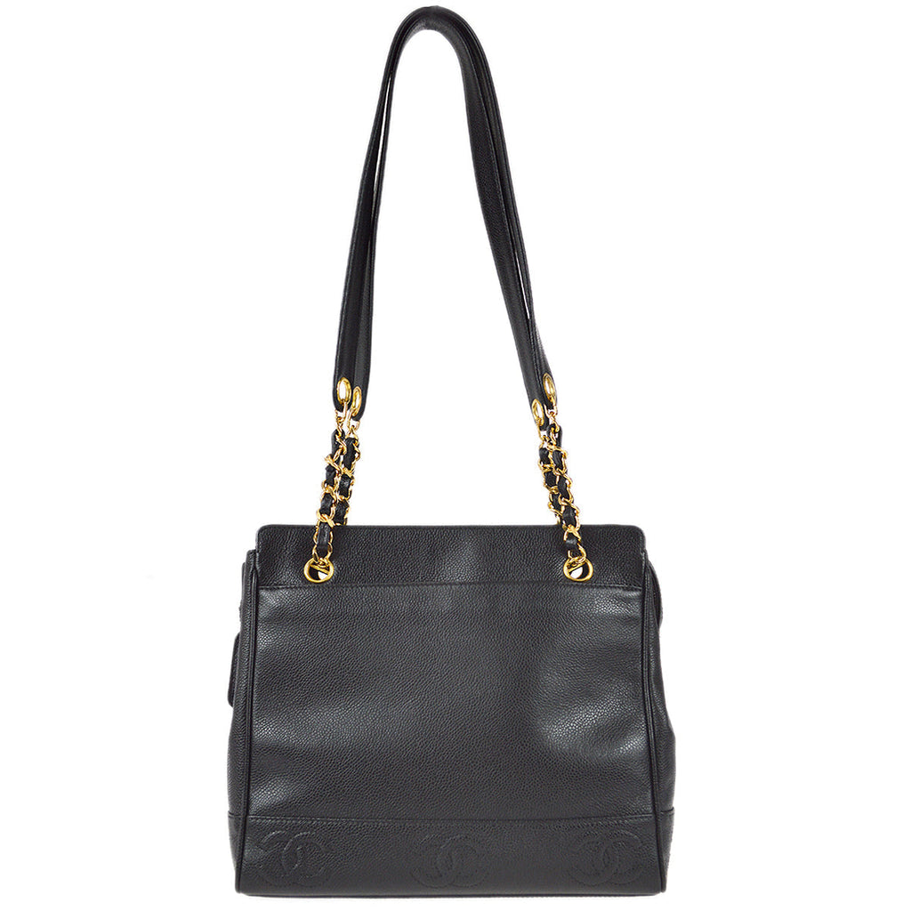 Chanel Triple CC Chain Shoulder Tote Bag Black Caviar