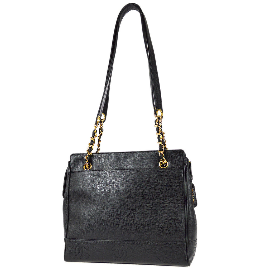 Chanel Triple CC Chain Shoulder Tote Bag Black Caviar