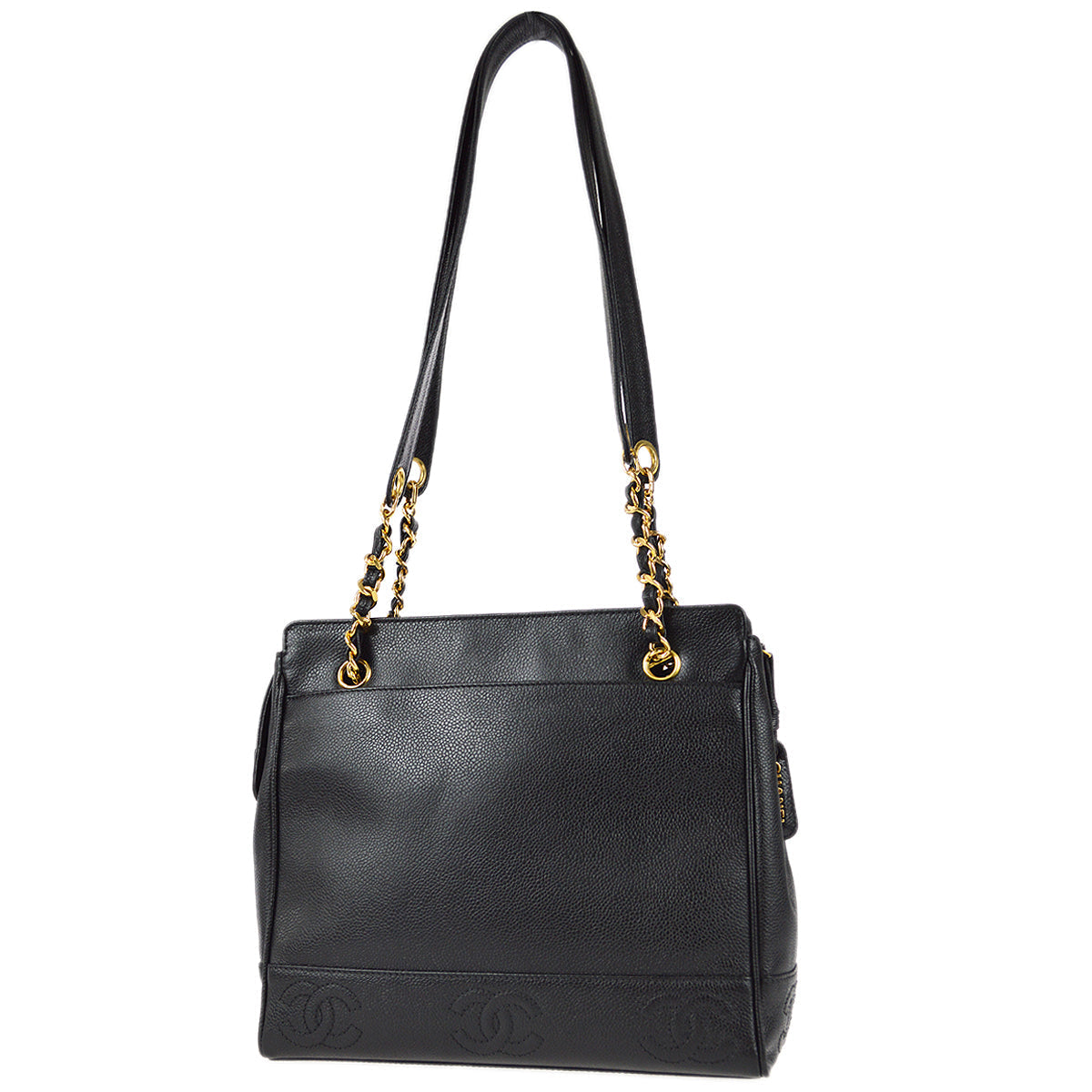 Chanel Triple CC Chain Shoulder Tote Bag Black Caviar