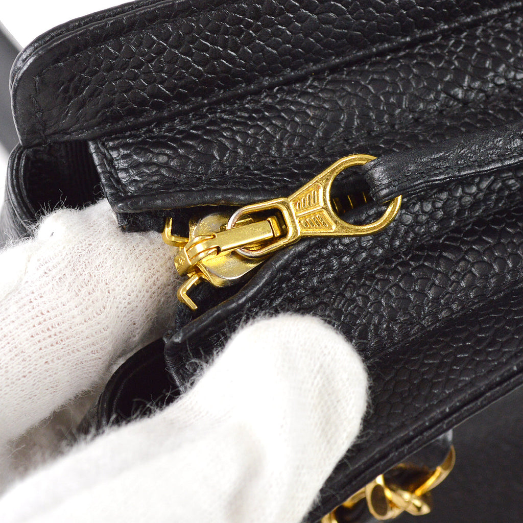 Chanel Triple CC Chain Shoulder Tote Bag Black Caviar