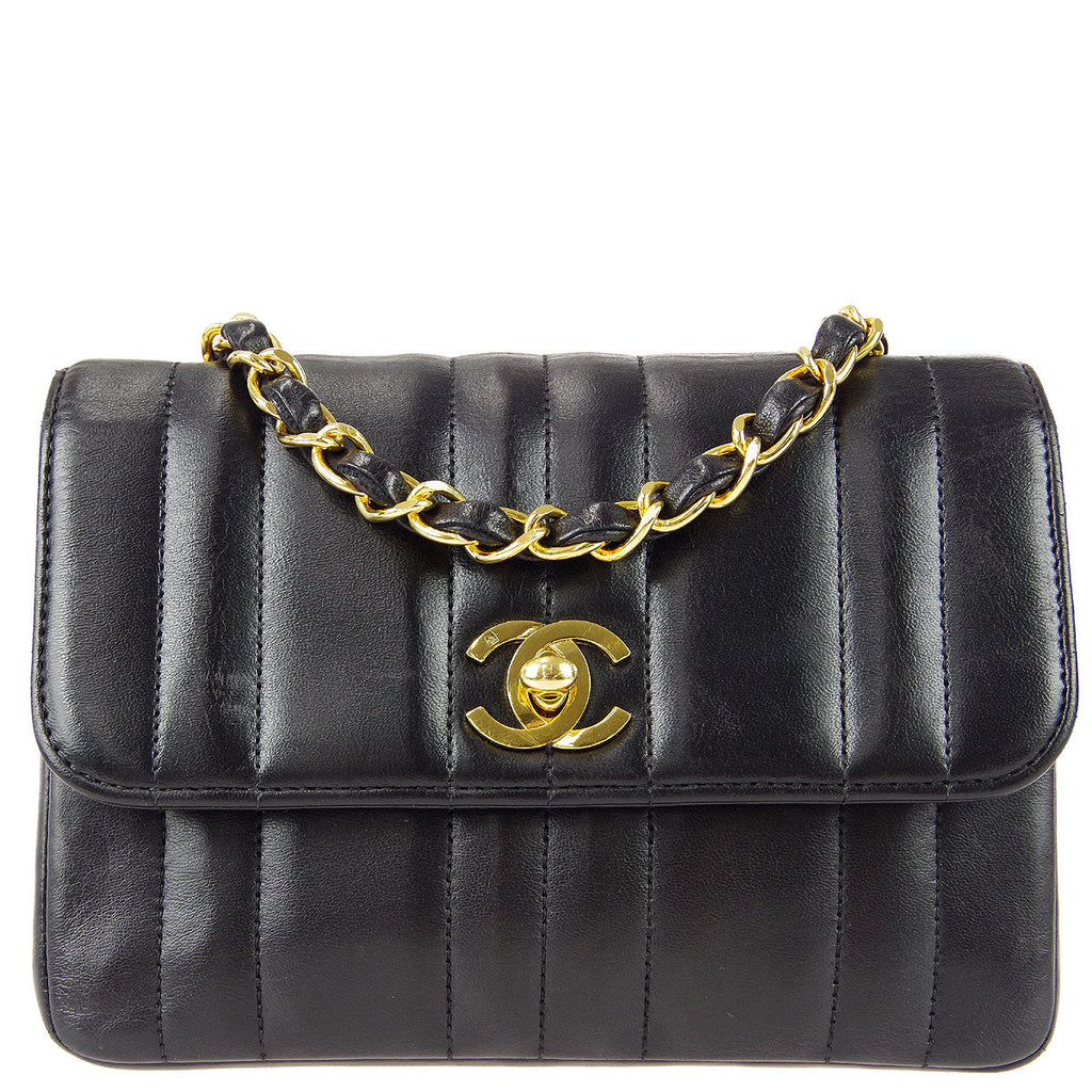 Chanel * 1994-1996 Black Lambskin Mini Vertical Stitch Straight Flap Bag