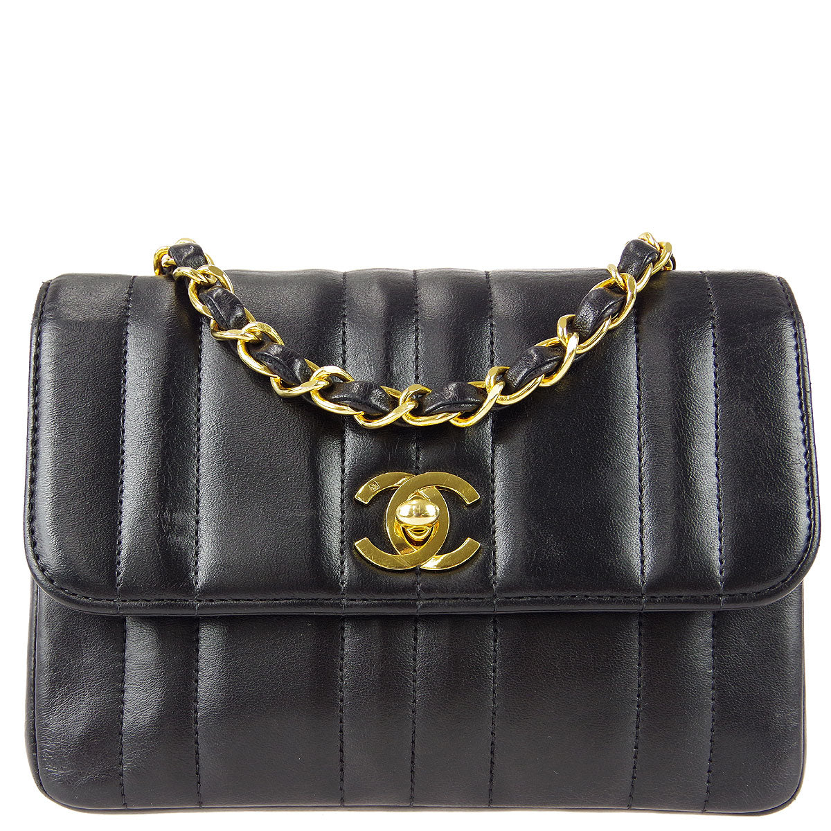 Chanel * 1994-1996 Black Lambskin Mini Vertical Stitch Straight Flap Bag