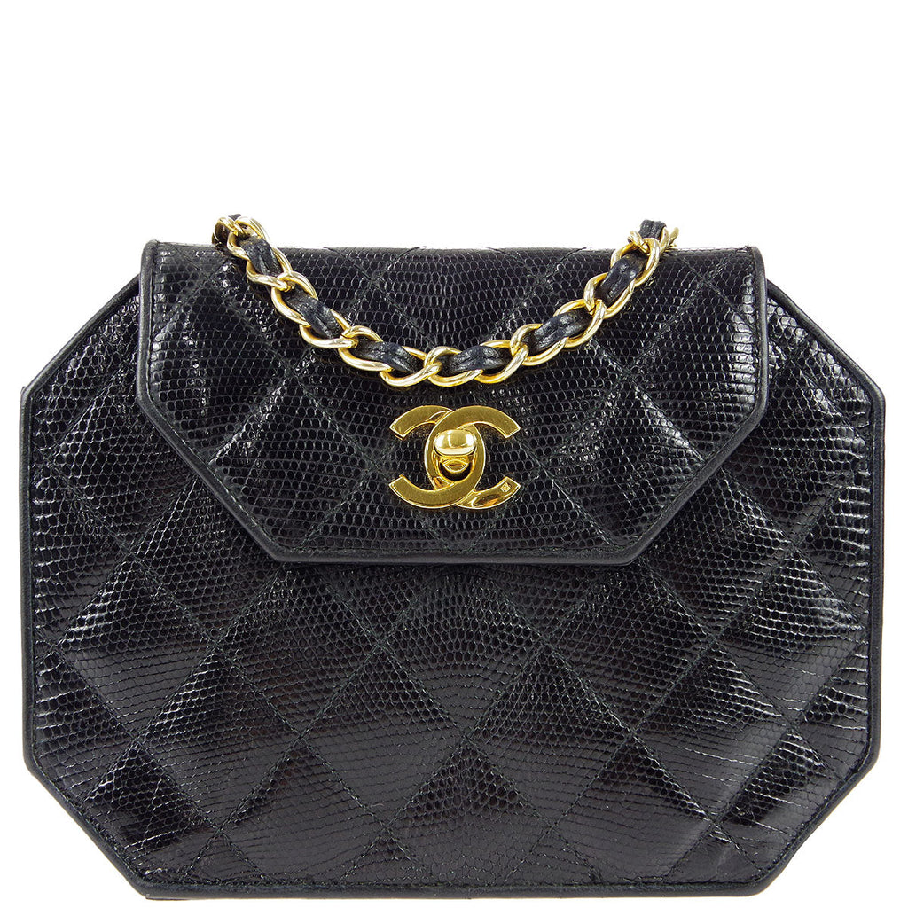 Chanel * Octagonal Chain Shoulder Bag Black Lizard