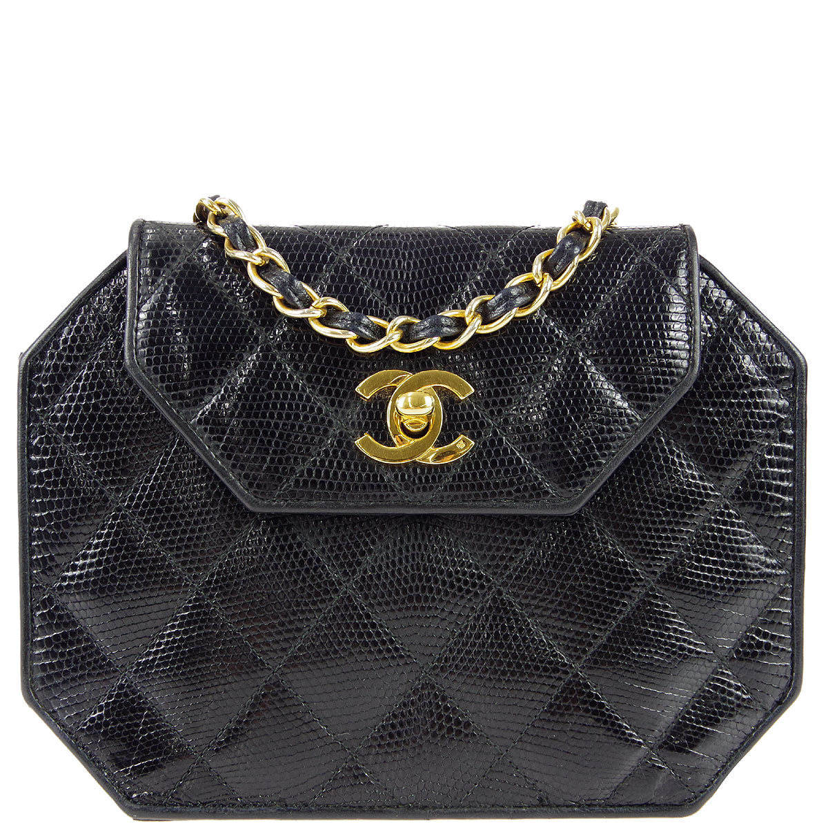 Chanel * Octagonal Chain Shoulder Bag Black Lizard