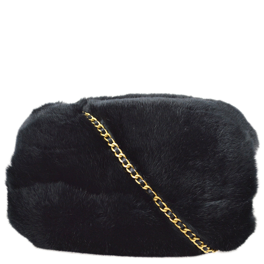 Chanel Hand Warmer Chain Shoulder Bag Black Fur