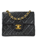 Chanel 1989-1991 Classic Flap Mini Square Chain Shoulder Bag Black Lambskin