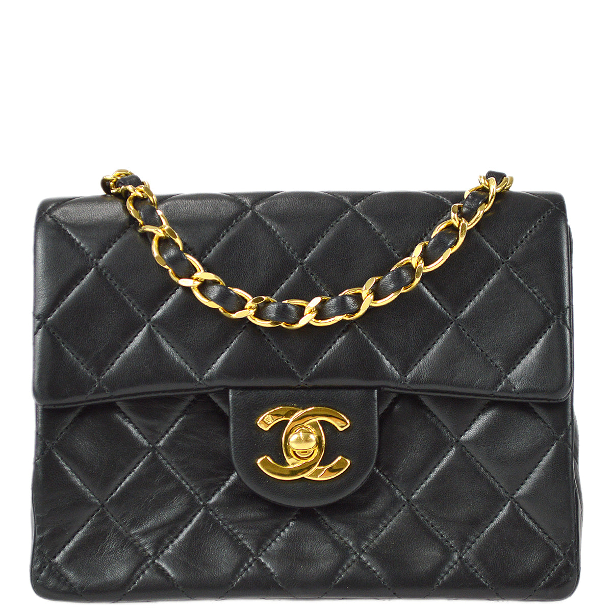 Chanel 1989-1991 Classic Flap Mini Square Chain Shoulder Bag Black Lambskin