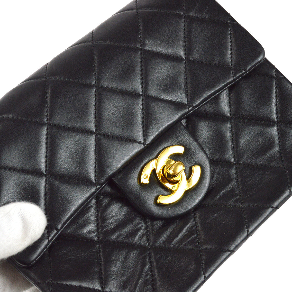 Chanel 1989-1991 Classic Flap Mini Square Chain Shoulder Bag Black Lambskin