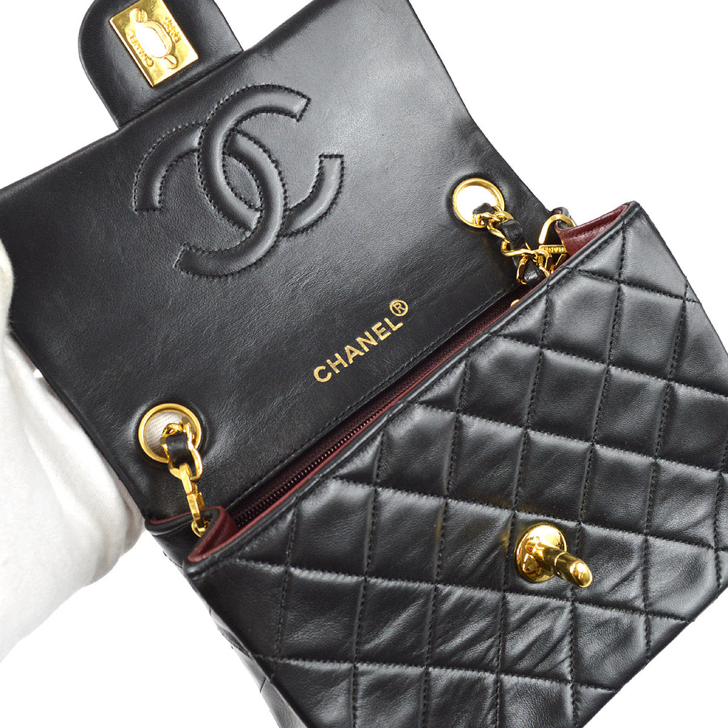 Chanel 1989-1991 Classic Flap Mini Square Chain Shoulder Bag Black Lambskin