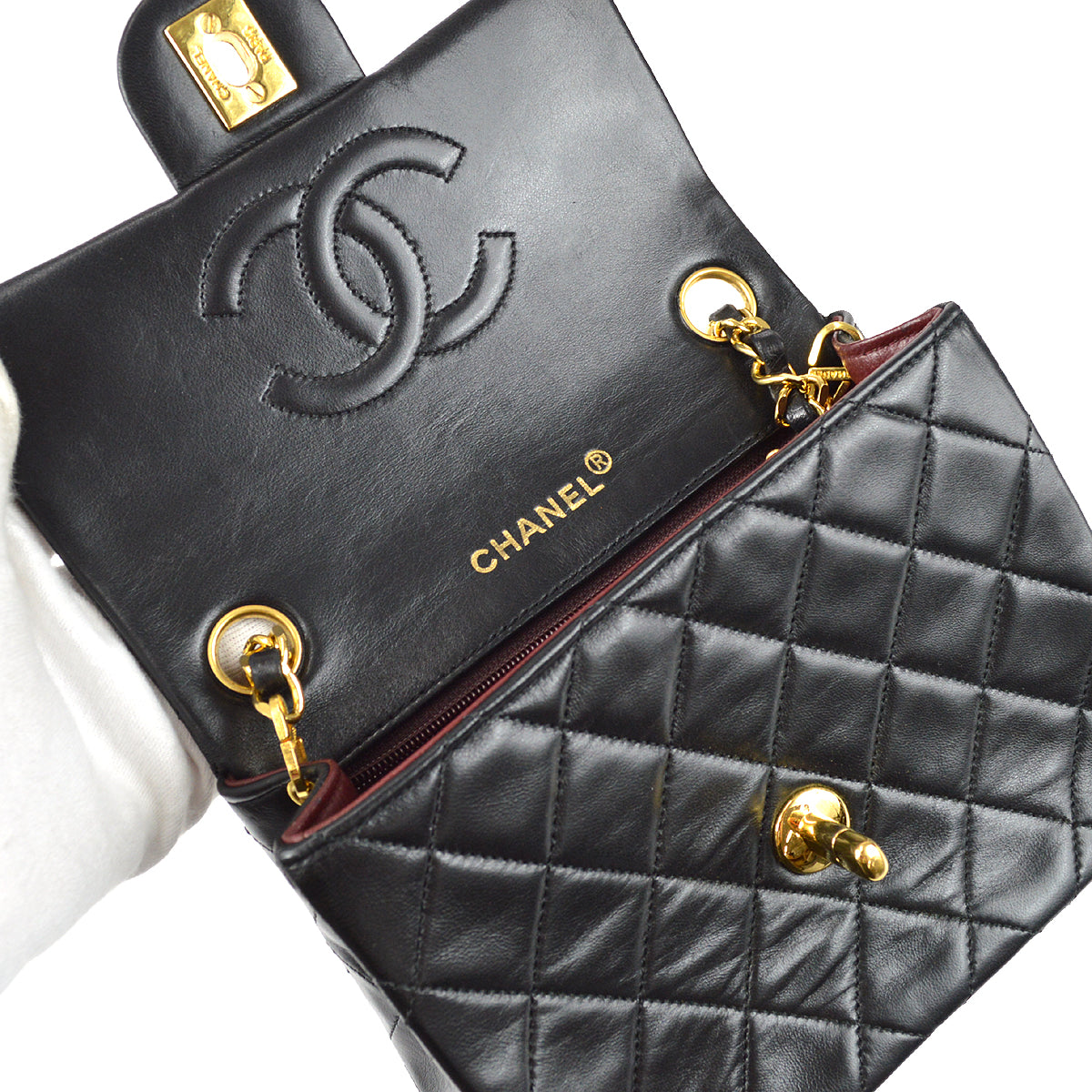 Chanel 1989-1991 Classic Flap Mini Square Chain Shoulder Bag Black Lambskin