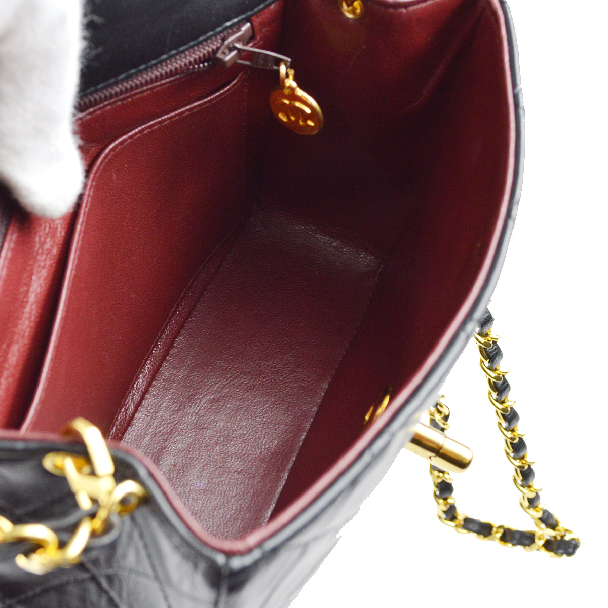 Chanel 1989-1991 Classic Flap Mini Square Chain Shoulder Bag Black Lambskin