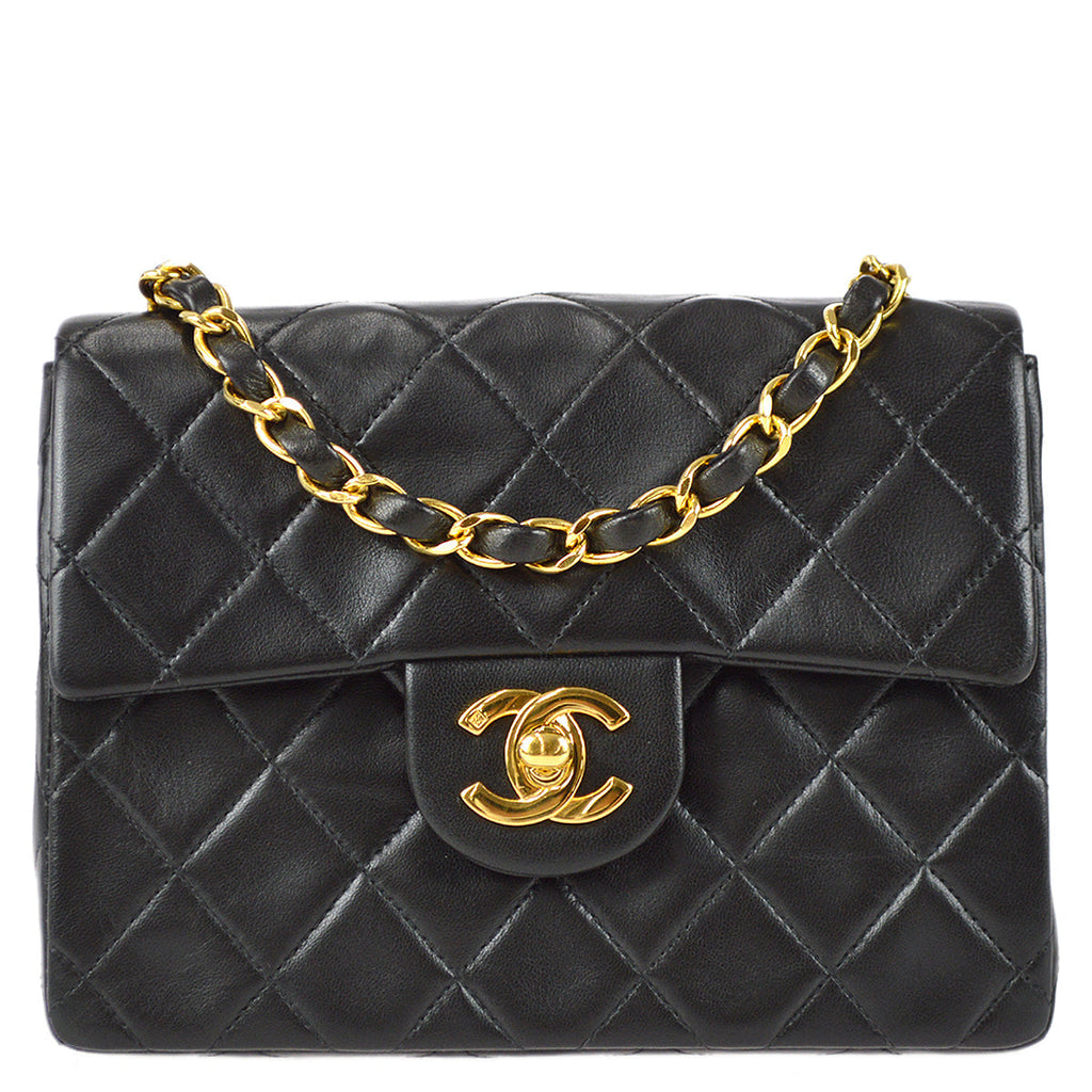 Chanel 1996-1997 Classic Flap Mini Square Chain Shoulder Bag Black Lambskin