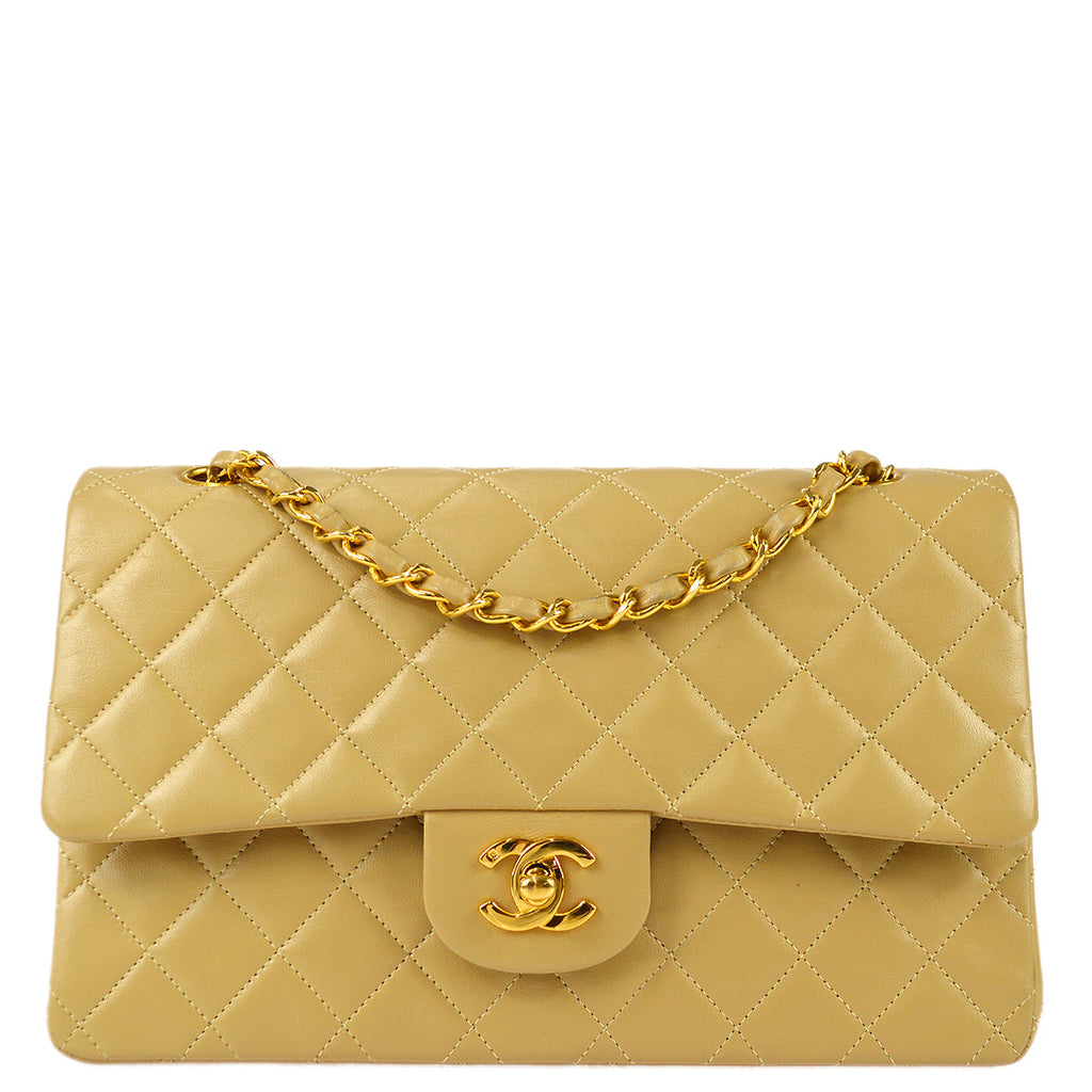 Chanel 1989-1991 Classic Double Flap Medium Shoulder Bag Beige Lambskin