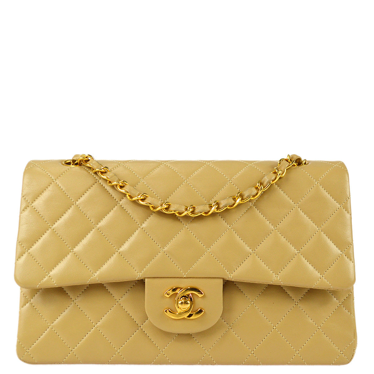 Chanel 1989-1991 Classic Double Flap Medium Shoulder Bag Beige Lambskin
