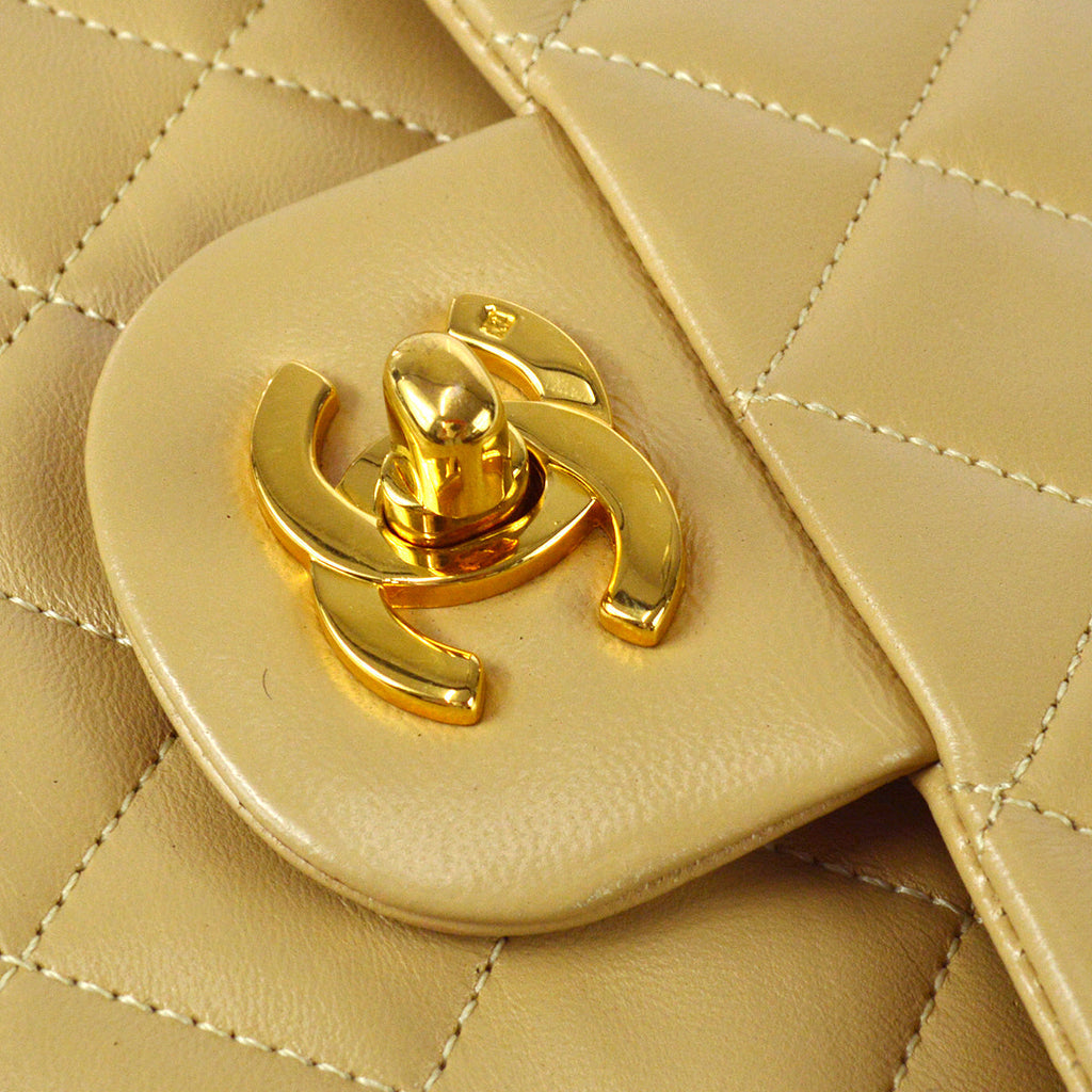 Chanel 1989-1991 Classic Double Flap Medium Shoulder Bag Beige Lambskin