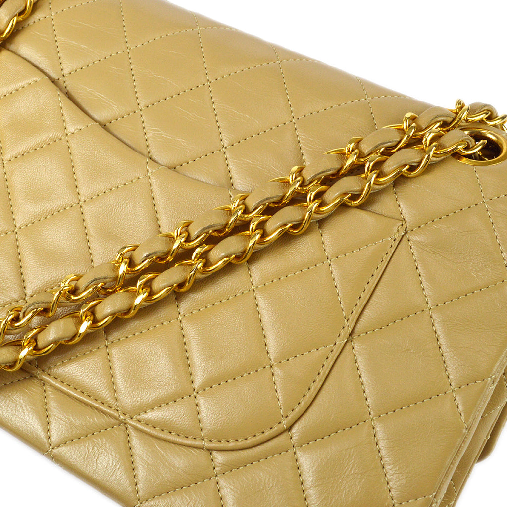Chanel 1989-1991 Classic Double Flap Medium Shoulder Bag Beige Lambskin