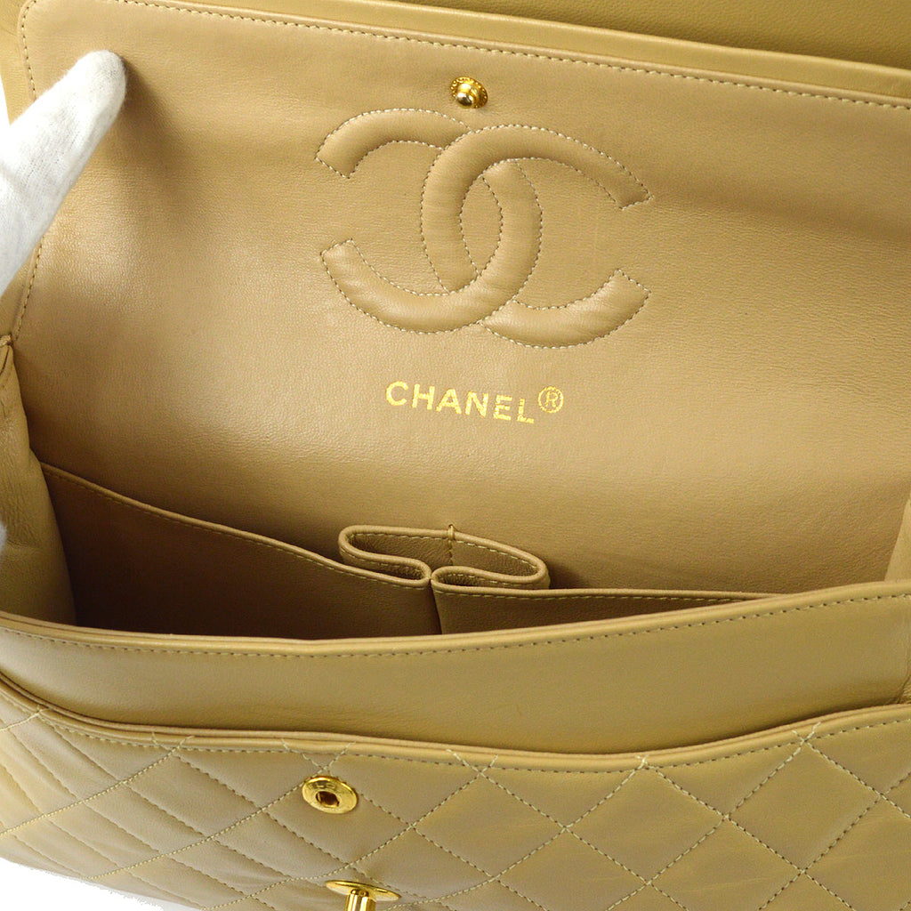Chanel 1989-1991 Classic Double Flap Medium Shoulder Bag Beige Lambskin