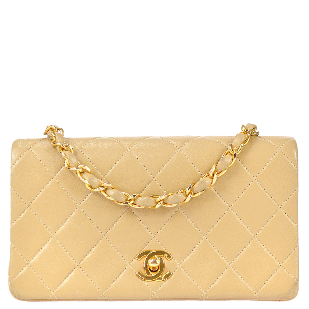 Chanel Full Flap Chain Shoulder Bag Beige Lambskin