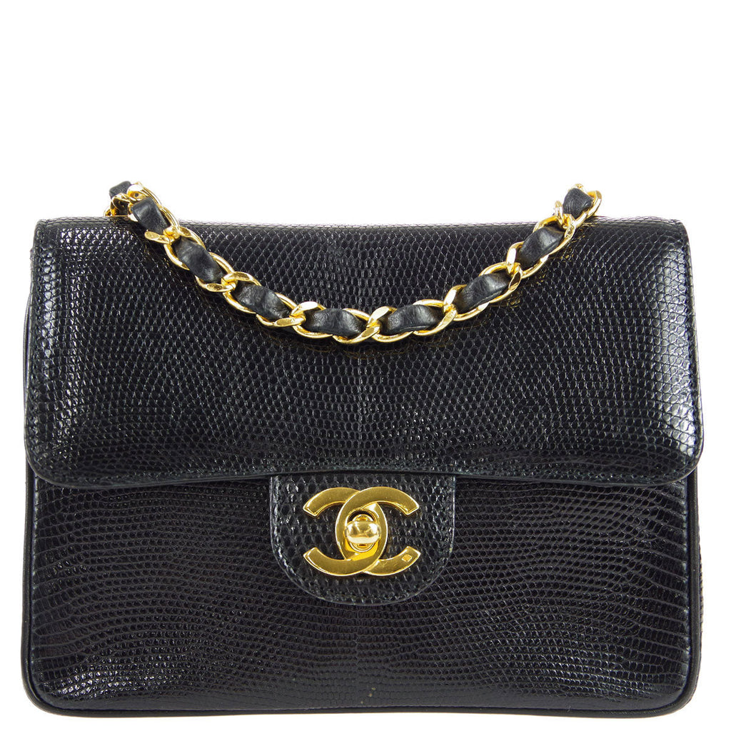 Chanel * Classic Flap Mini Square Chain Shoulder Bag Black Lizard