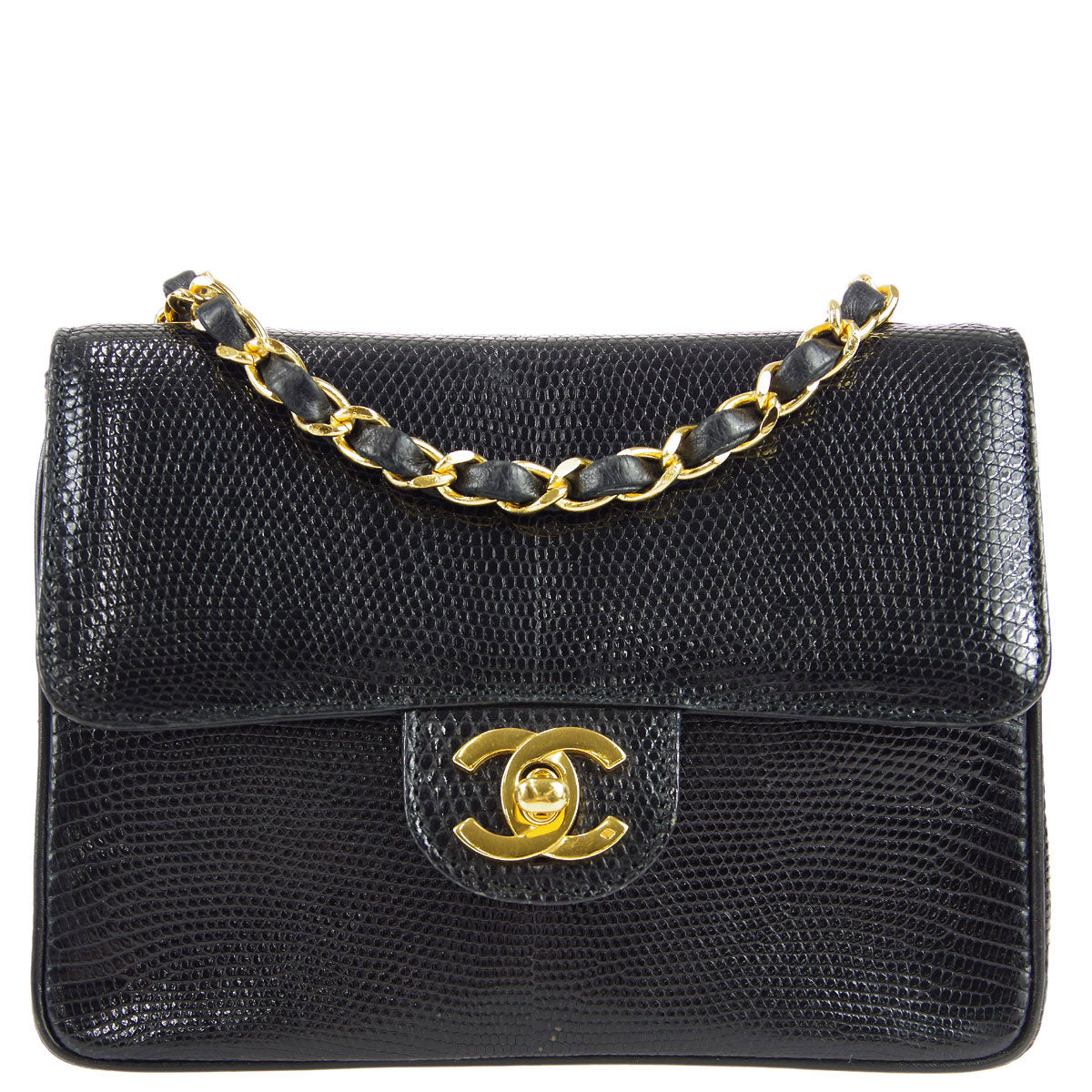 Chanel * Classic Flap Mini Square Chain Shoulder Bag Black Lizard