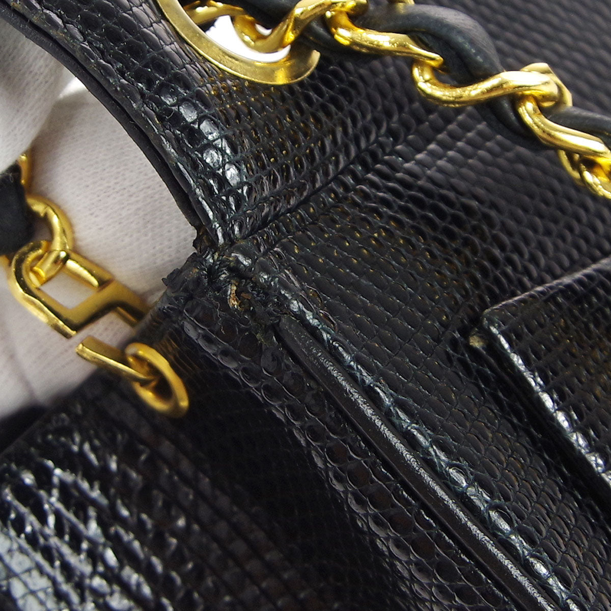 Chanel * Classic Flap Mini Square Chain Shoulder Bag Black Lizard